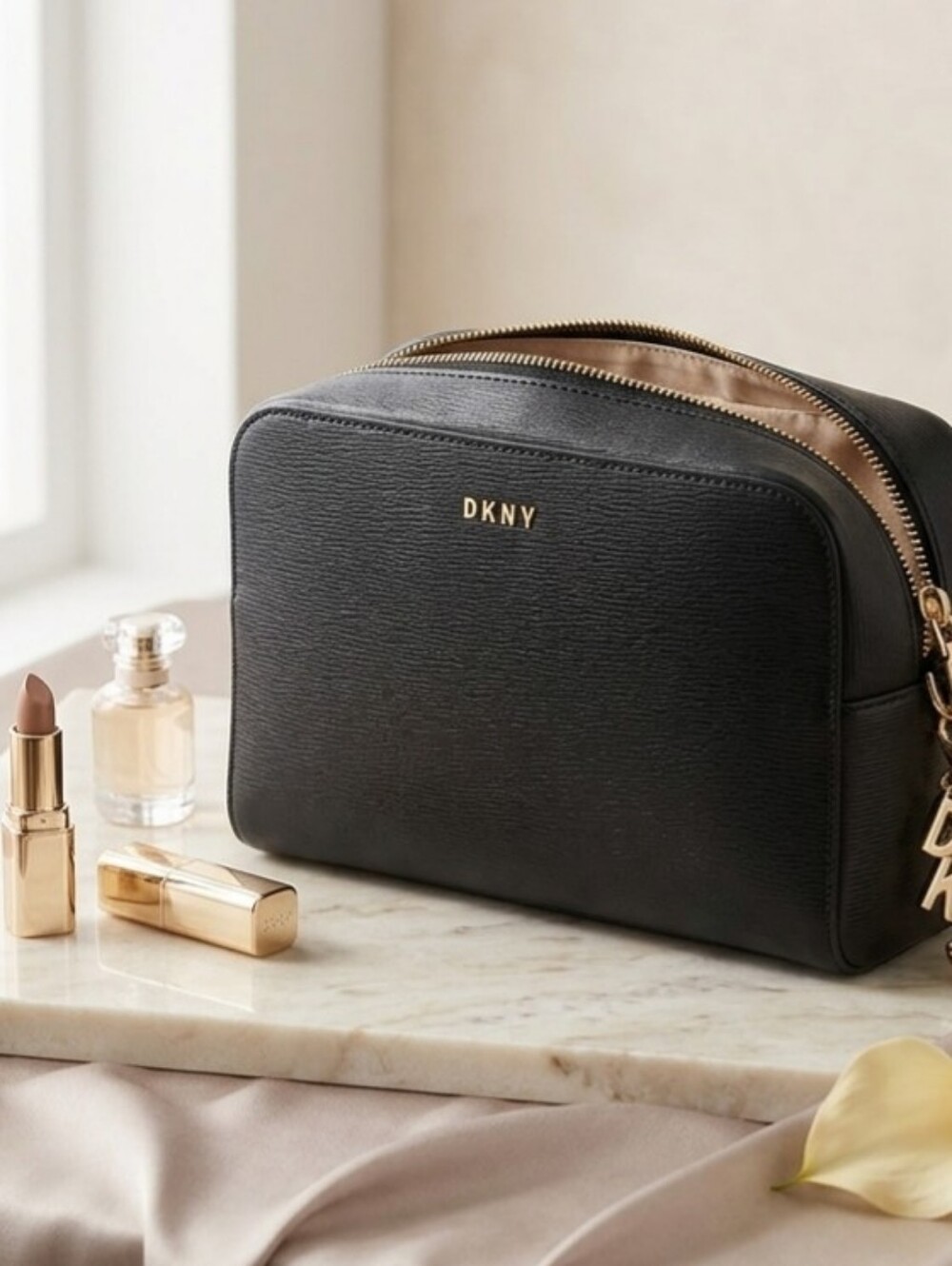 DKNY Black Leather Makeup Bag with Gold Hardware